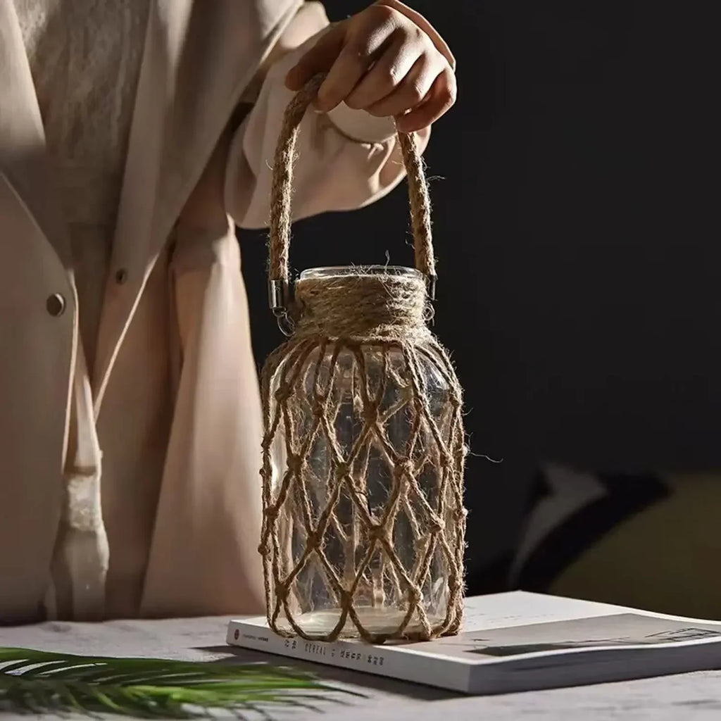 Hemp Glass Vase with Hand Woven Rope Detail, detail shot - House Of Avana