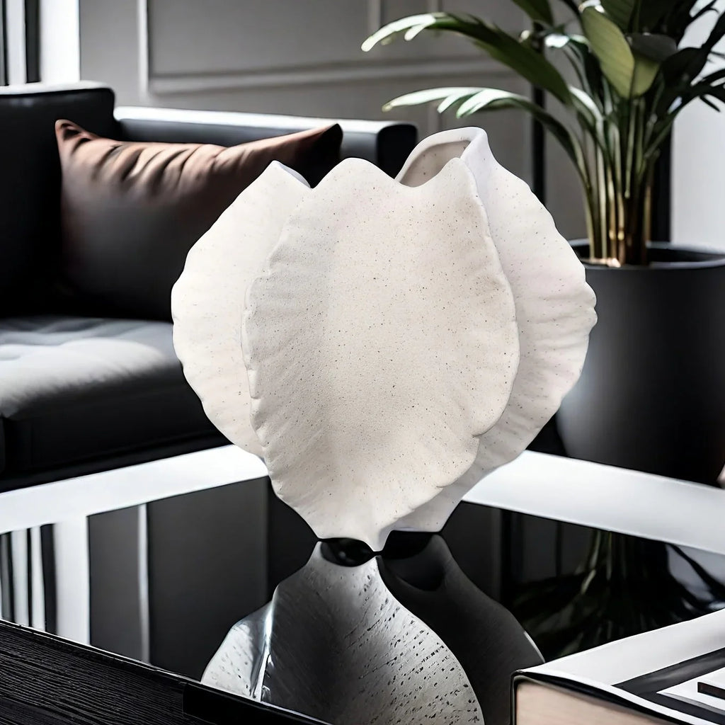Beige Ceramic Vase with Textured Art Design and Smooth Interior, angled view - House Of Avana