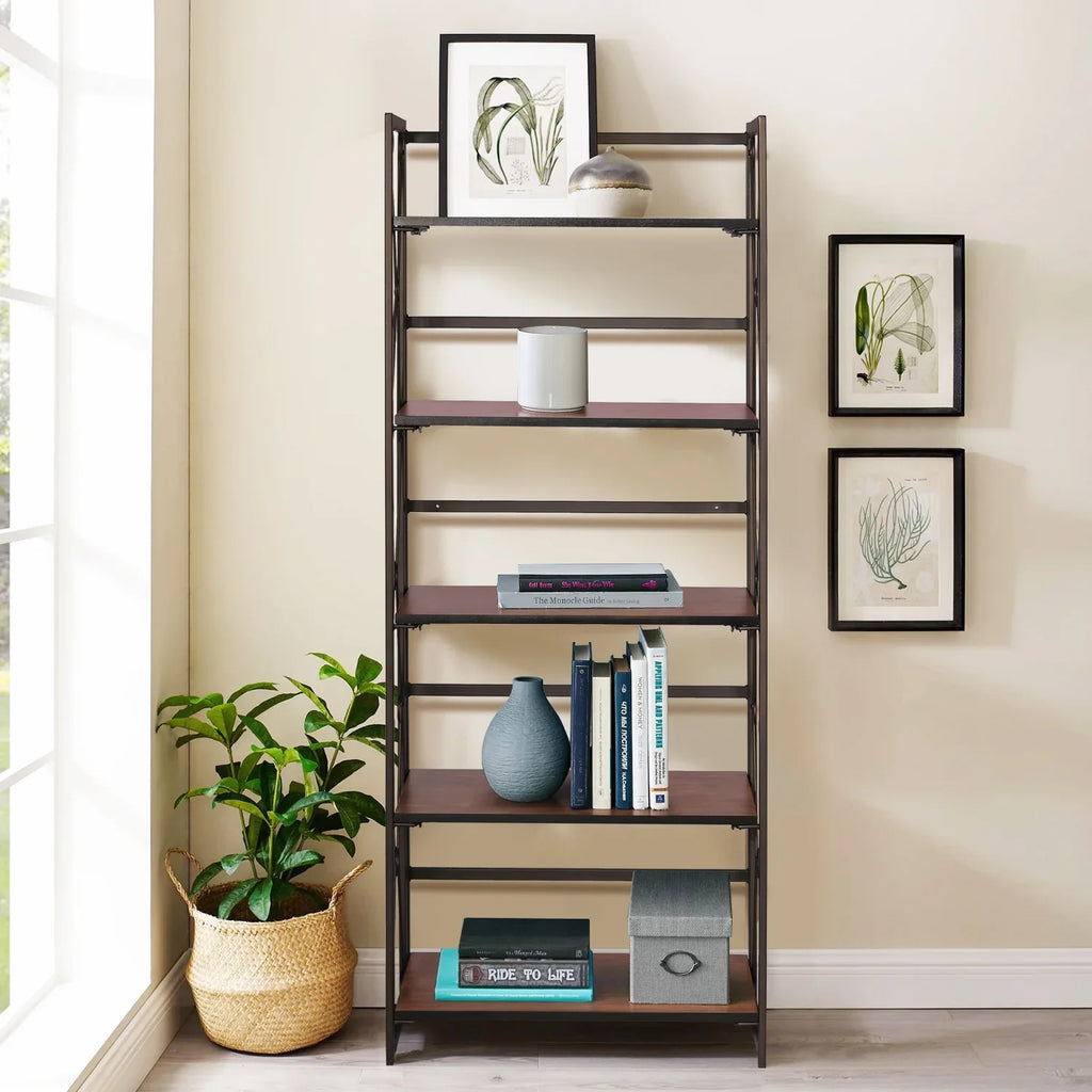 VECELO 5 Shelf Folding Bookshelf Industrial Metal Frame Display Shelf for Living Room, Bedroom, Kitchen, Office House Of Avana