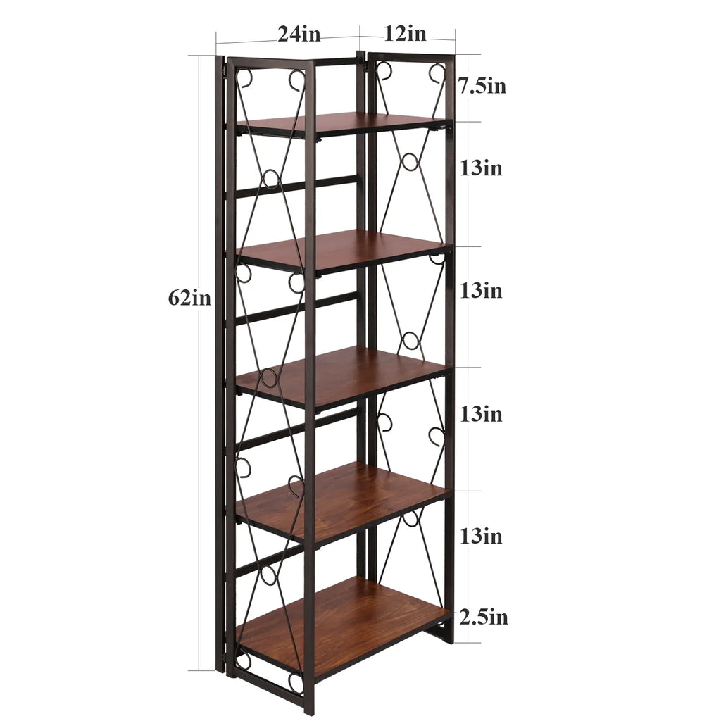 VECELO 5 Shelf Folding Bookshelf Industrial Metal Frame Display Shelf for Living Room, Bedroom, Kitchen, Office House Of Avana