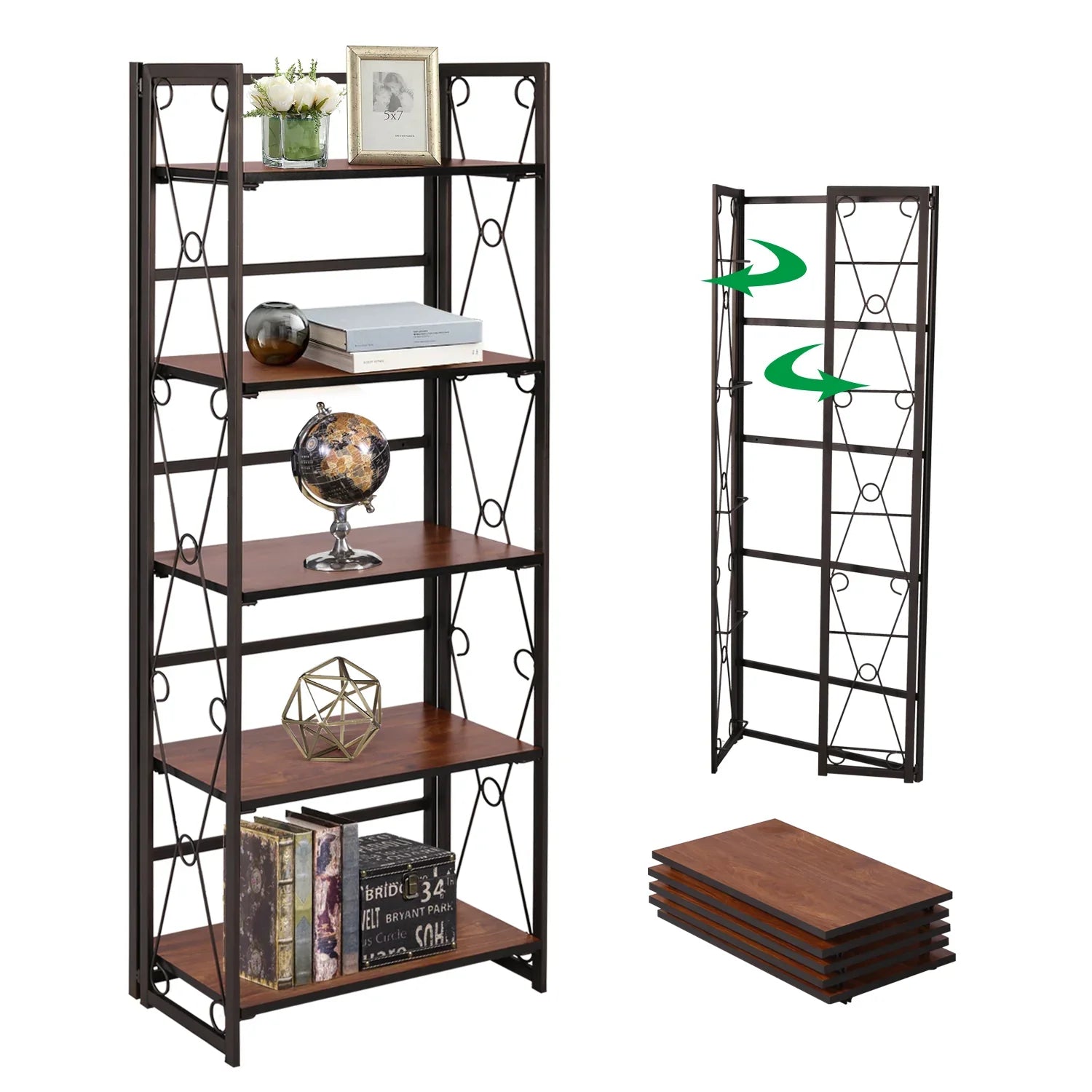 VECELO 5 Shelf Folding Bookshelf Industrial Metal Frame Display Shelf for Living Room, Bedroom, Kitchen, Office House Of Avana