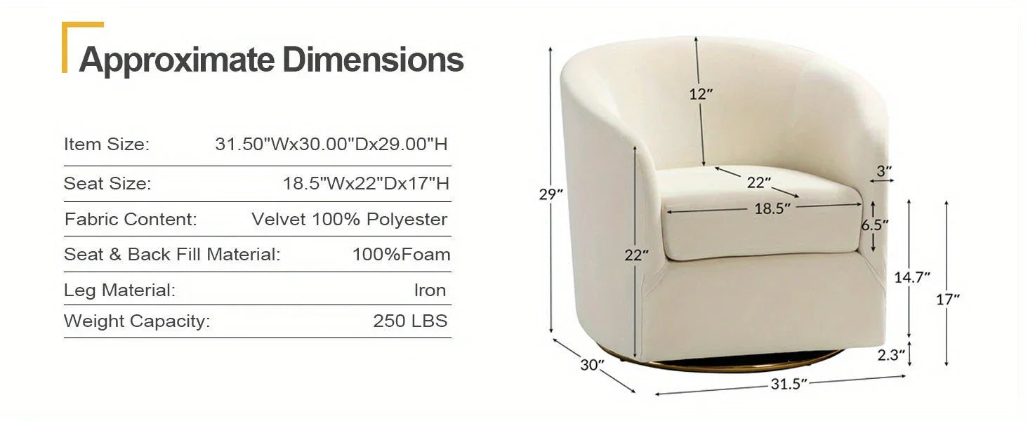 Ivory velvet swivel accent chair with golden metal base, luxurious seating - House of Avana