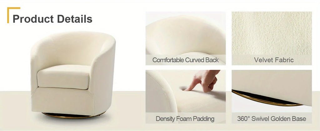 Ivory velvet swivel accent chair with golden metal base, luxurious seating - House of Avana