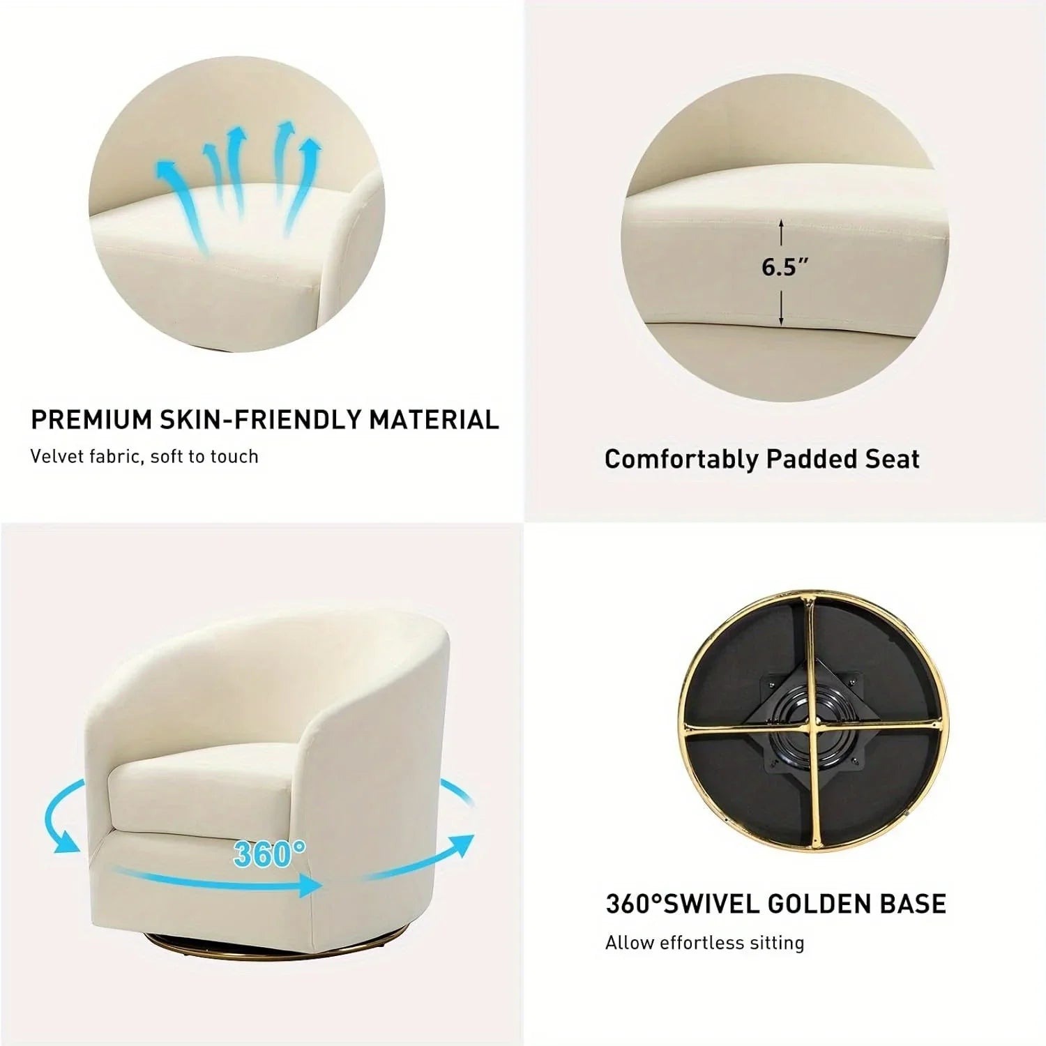 Ivory velvet swivel accent chair with golden metal base, luxurious seating - House of Avana