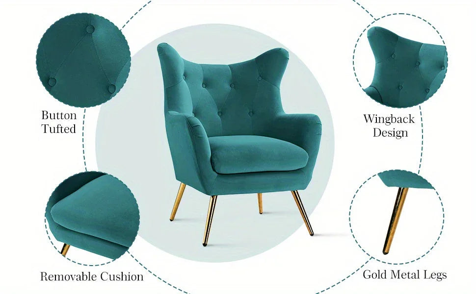 1pc Modern Velvet Wingback Arm Chair with Golden Metal Legs - Tufted Upholstered Accent Chair in Blue/Yellow, Wood Frame, Perfect for Living Room, Bedroom, or Dining Room, Chair for Living Room House Of Avana