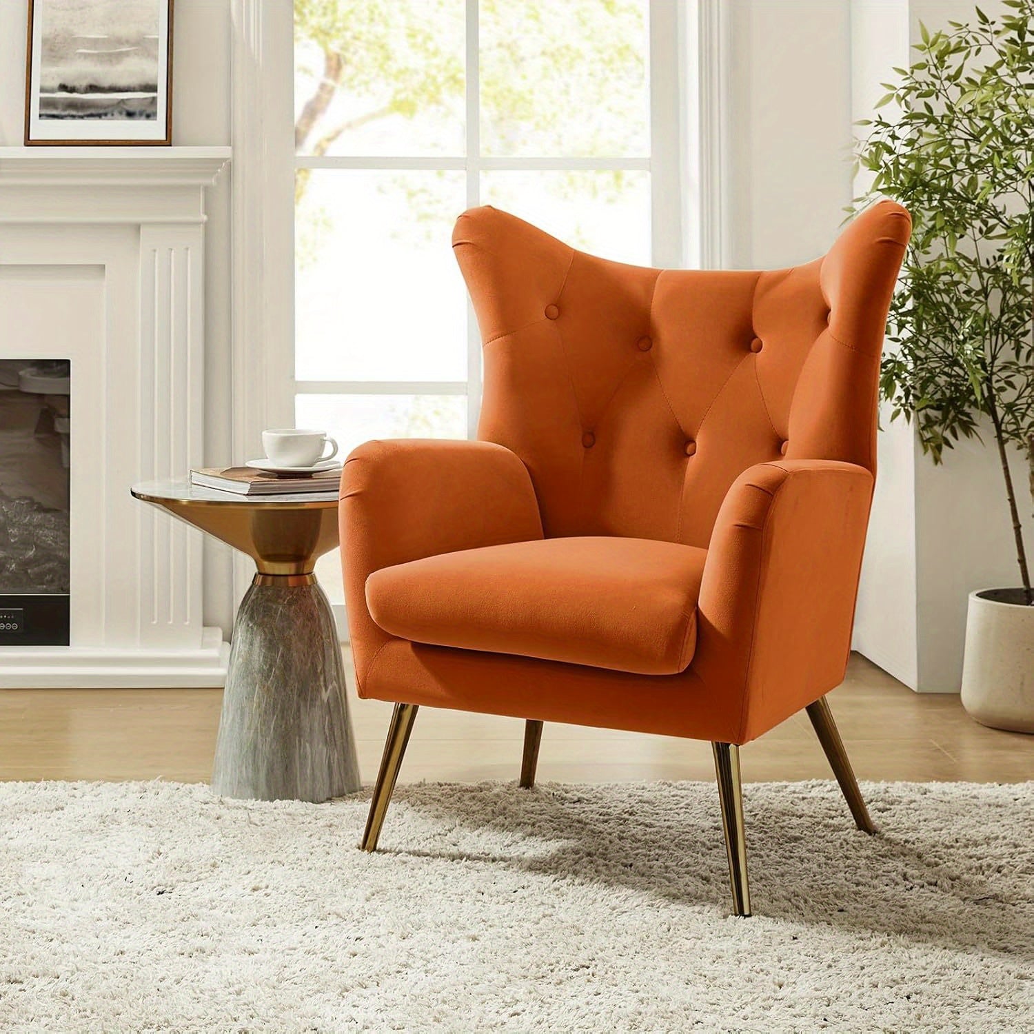 1pc Modern Velvet Wingback Arm Chair with Golden Metal Legs - Tufted Upholstered Accent Chair in Blue/Yellow, Wood Frame, Perfect for Living Room, Bedroom, or Dining Room, Chair for Living Room House Of Avana