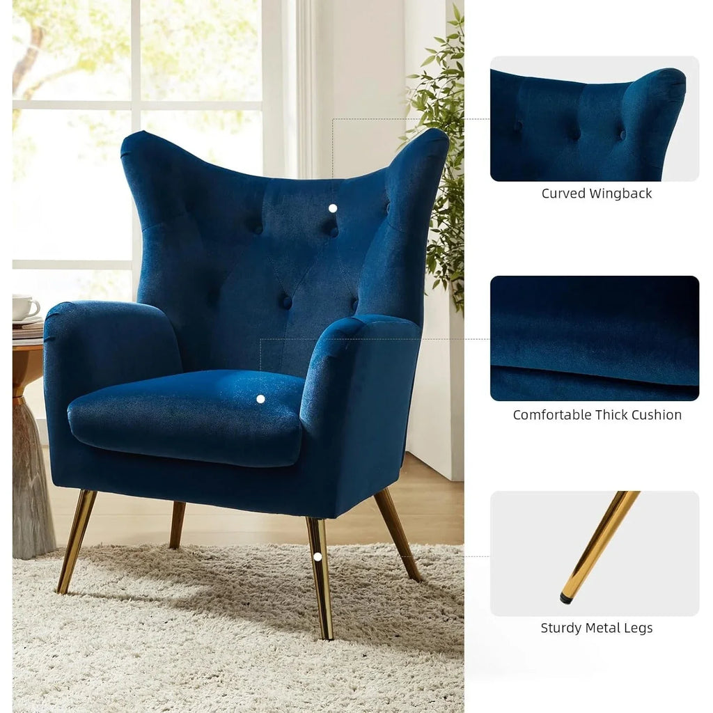 1pc Modern Velvet Wingback Arm Chair with Golden Metal Legs - Tufted Upholstered Accent Chair in Blue/Yellow, Wood Frame, Perfect for Living Room, Bedroom, or Dining Room, Chair for Living Room House Of Avana