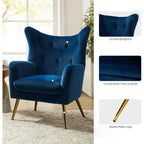 1pc Modern Velvet Wingback Arm Chair with Golden Metal Legs - Tufted Upholstered Accent Chair in Blue/Yellow, Wood Frame, Perfect for Living Room, Bedroom, or Dining Room, Chair for Living Room House Of Avana
