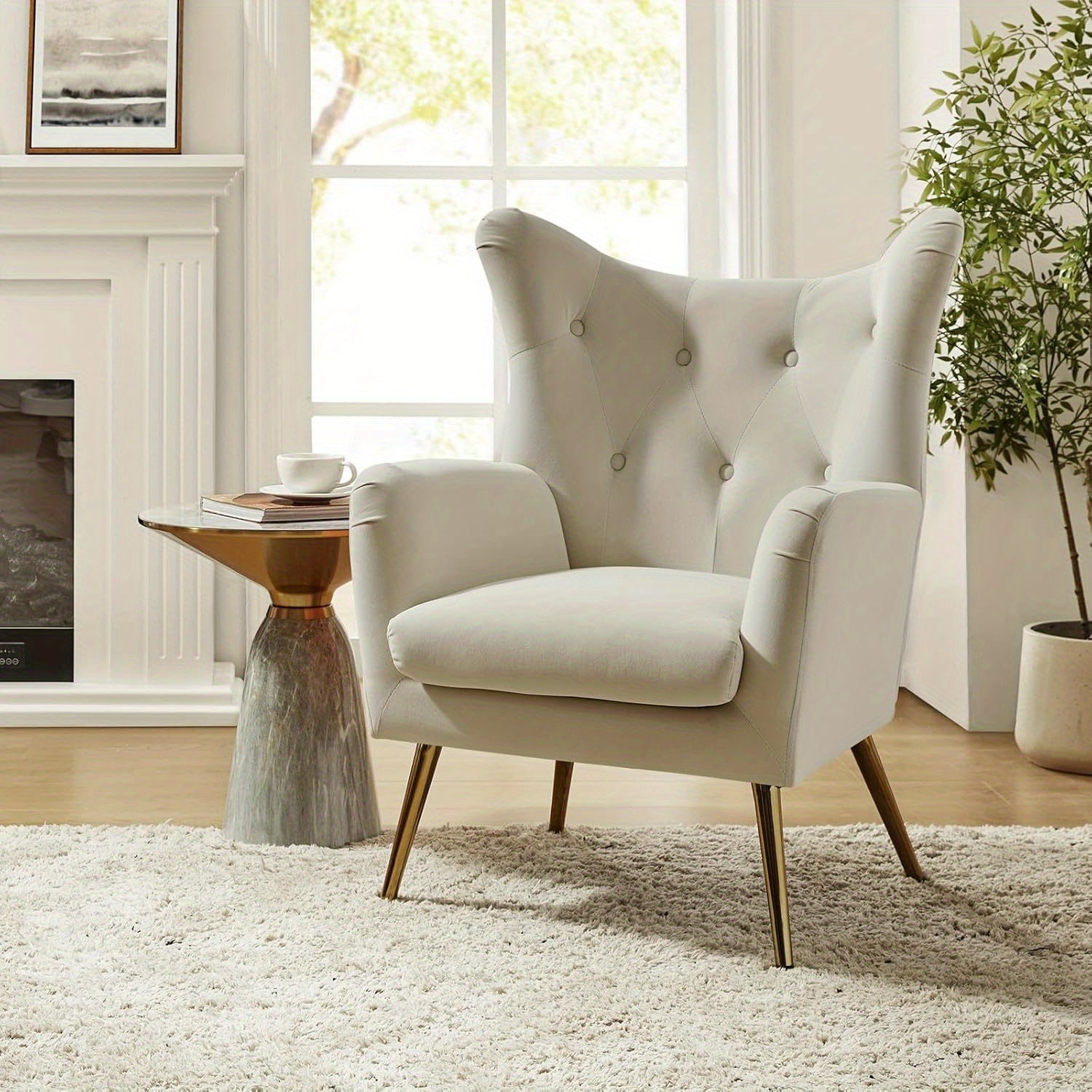 1pc Modern Velvet Wingback Arm Chair with Golden Metal Legs - Tufted Upholstered Accent Chair in Blue/Yellow, Wood Frame, Perfect for Living Room, Bedroom, or Dining Room, Chair for Living Room House Of Avana