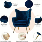 1pc Modern Velvet Wingback Arm Chair with Golden Metal Legs - Tufted Upholstered Accent Chair in Blue/Yellow, Wood Frame, Perfect for Living Room, Bedroom, or Dining Room, Chair for Living Room House Of Avana