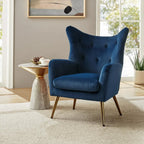 1pc Modern Velvet Wingback Arm Chair with Golden Metal Legs - Tufted Upholstered Accent Chair in Blue/Yellow, Wood Frame, Perfect for Living Room, Bedroom, or Dining Room, Chair for Living Room House Of Avana