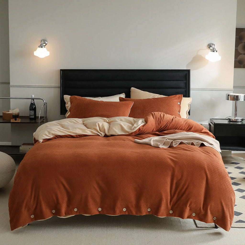 Velvet Buttoned Bedding Set / Orange Ever Lasting