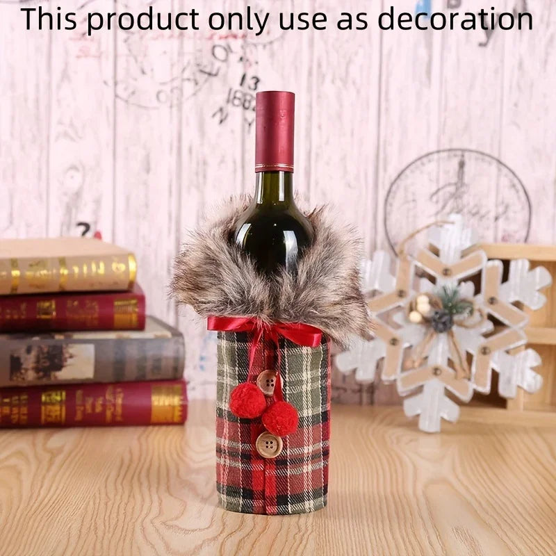 1pc Festive Christmas Wine Bottle Cover with Plush Fur Collar - Polyester, Perfect for Holiday Parties & Home Decor House Of Avana [[SKU:HOA-XMS-403-A]]