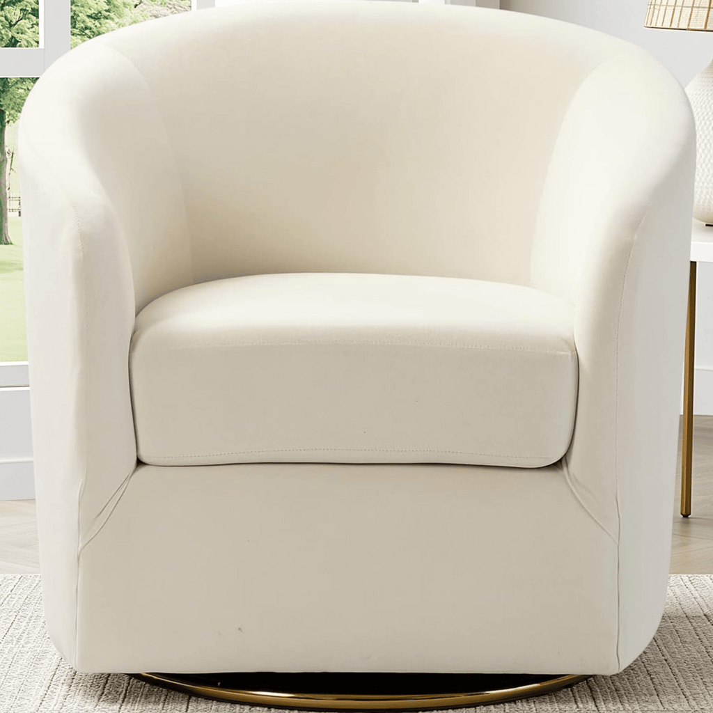 Modern Ivory Velvet Swivel Accent Chair with Golden Metal Base – Contemporary Curved Barrel Design, Upholstered Club Armchair for Living Room, Nursery, or Bedroom House Of Avana