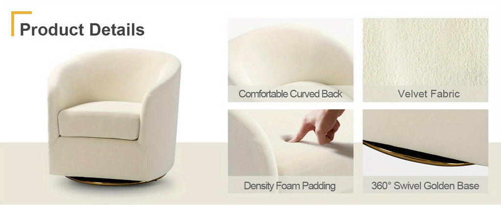 Modern Ivory Velvet Swivel Accent Chair with Golden Metal Base – Contemporary Curved Barrel Design, Upholstered Club Armchair for Living Room, Nursery, or Bedroom House Of Avana