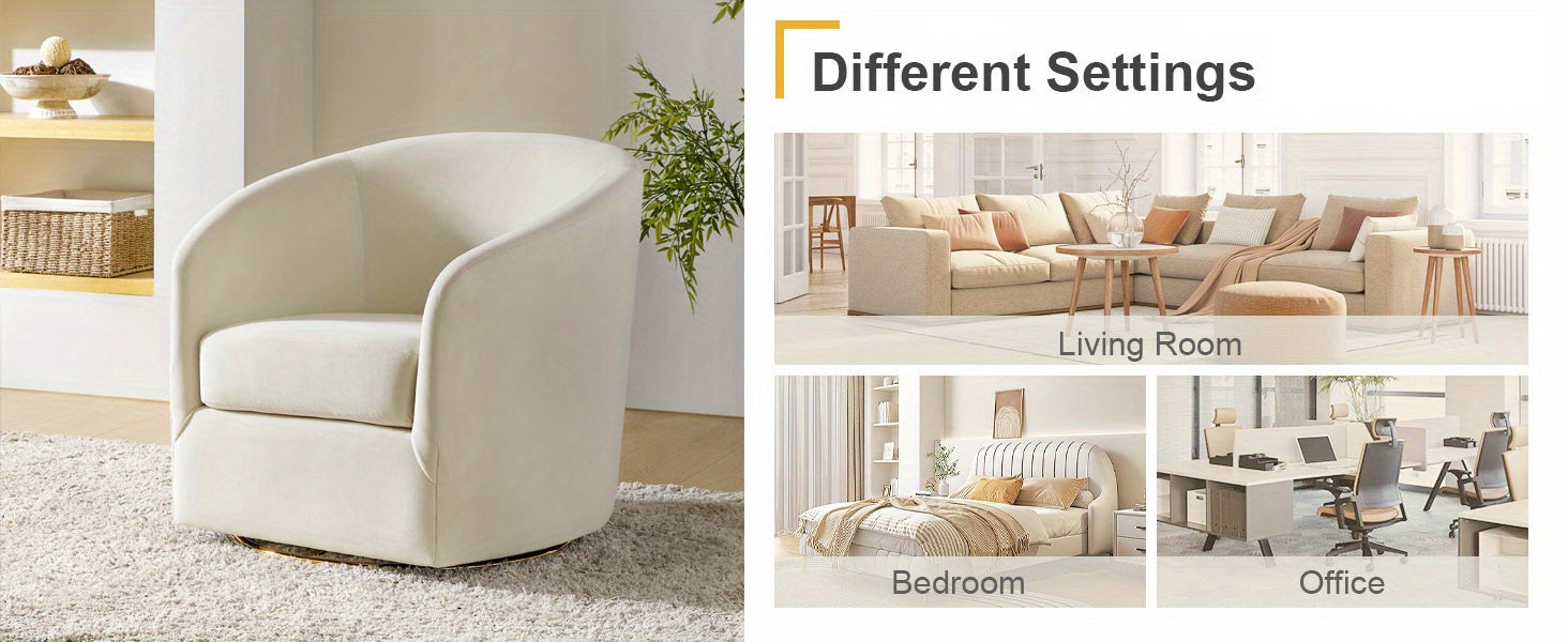 Modern Ivory Velvet Swivel Accent Chair with Golden Metal Base – Contemporary Curved Barrel Design, Upholstered Club Armchair for Living Room, Nursery, or Bedroom House Of Avana