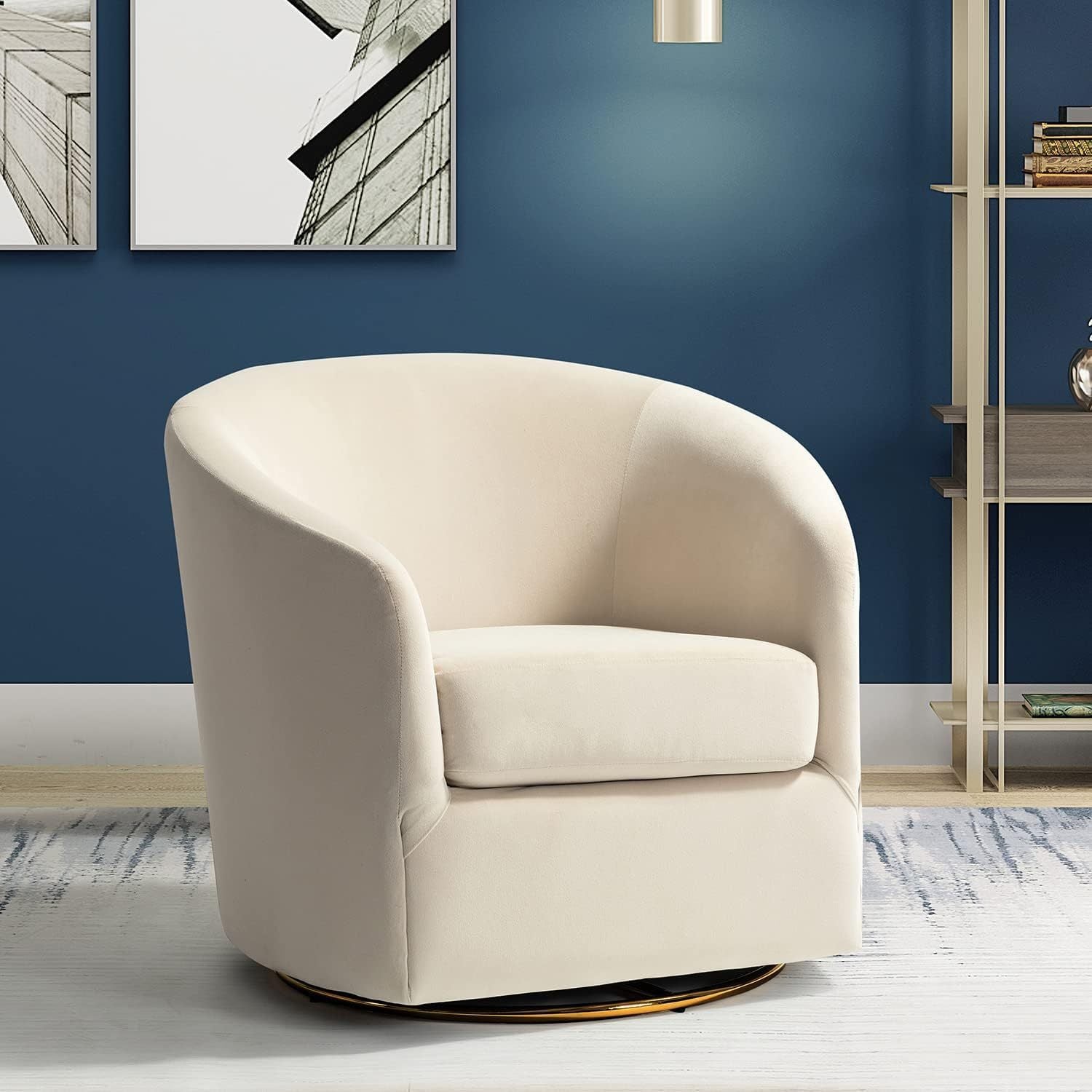 Modern Ivory Velvet Swivel Accent Chair with Golden Metal Base – Contemporary Curved Barrel Design, Upholstered Club Armchair for Living Room, Nursery, or Bedroom House Of Avana