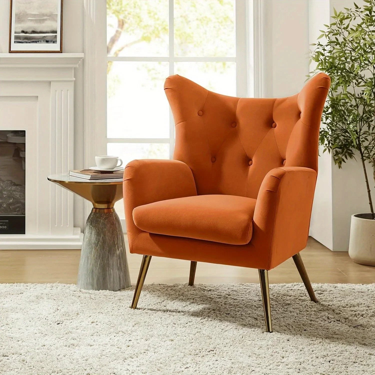 Navy blue velvet wingback arm chair with rolled arms - House of Avana