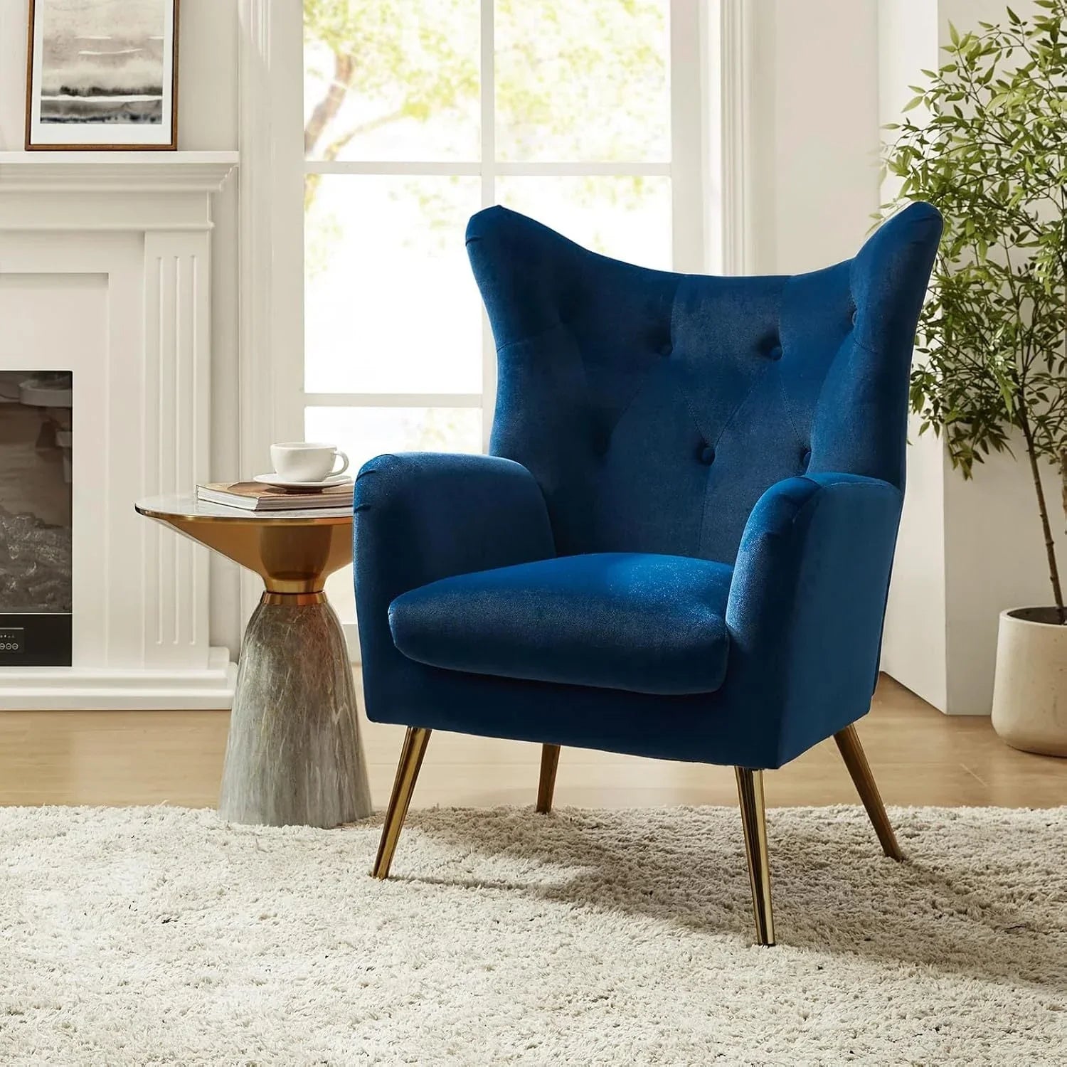 Navy blue velvet wingback arm chair with rolled arms - House of Avana