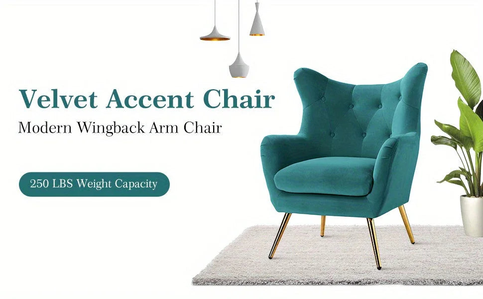 Navy blue velvet wingback arm chair with rolled arms - House of Avana