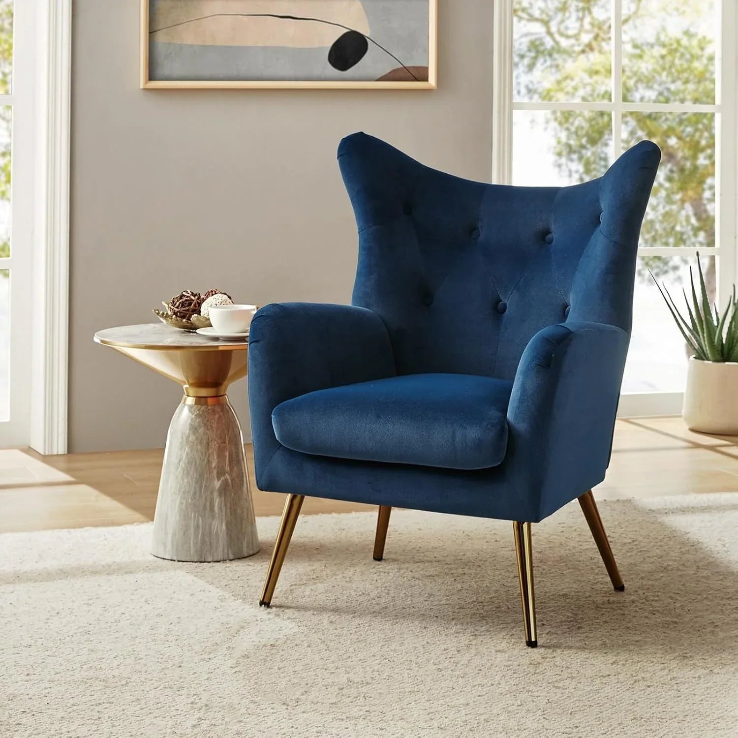 Navy blue velvet wingback arm chair with rolled arms - House of Avana