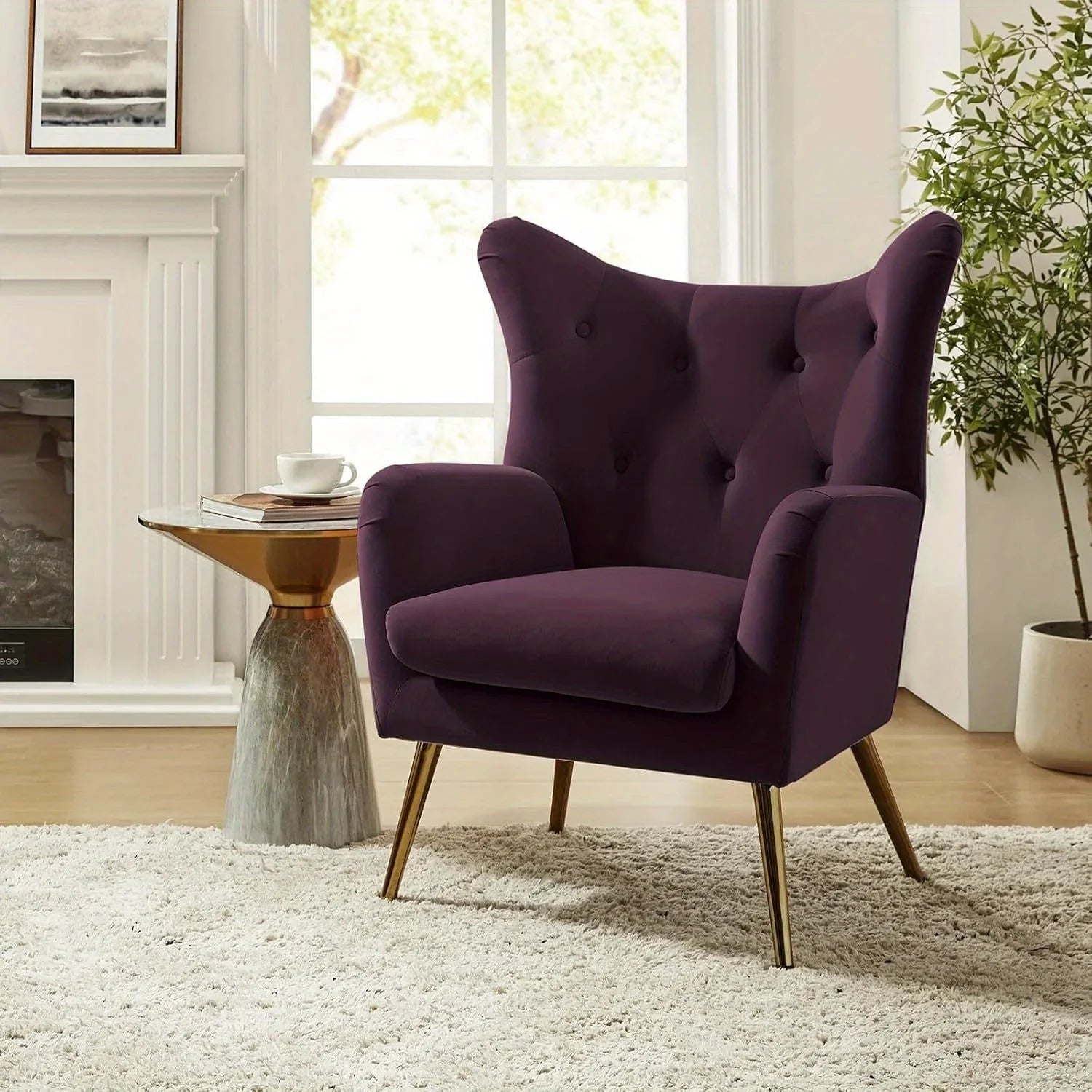 Navy blue velvet wingback arm chair with rolled arms - House of Avana