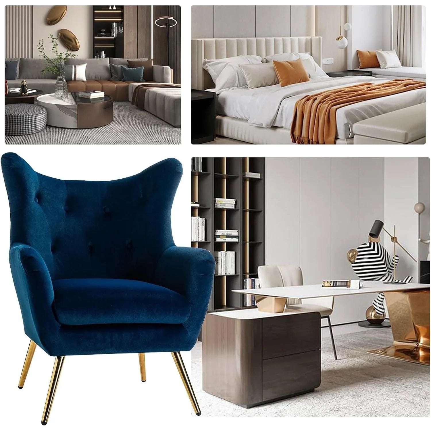 Navy blue velvet wingback arm chair with rolled arms - House of Avana