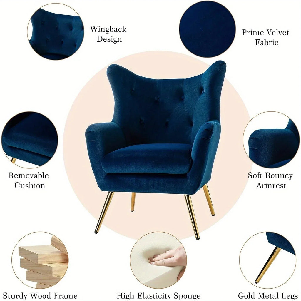 Navy blue velvet wingback arm chair with rolled arms - House of Avana