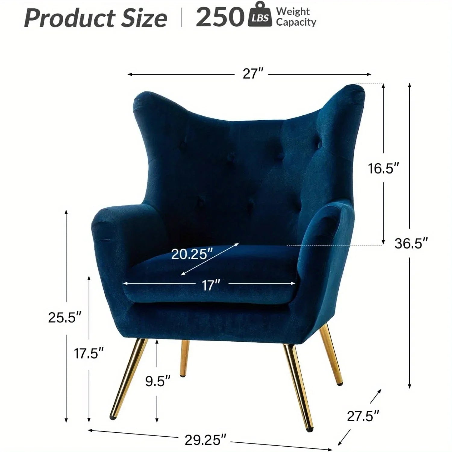 Navy blue velvet wingback arm chair with rolled arms - House of Avana