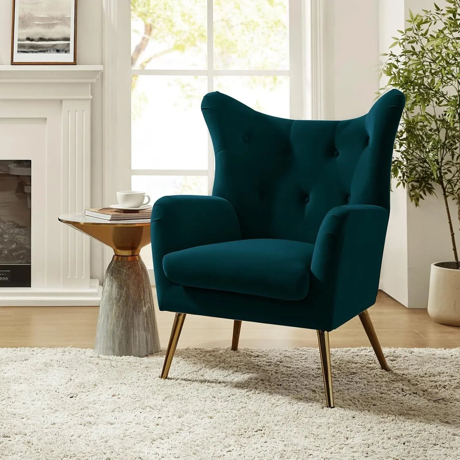 Navy blue velvet wingback arm chair with rolled arms - House of Avana