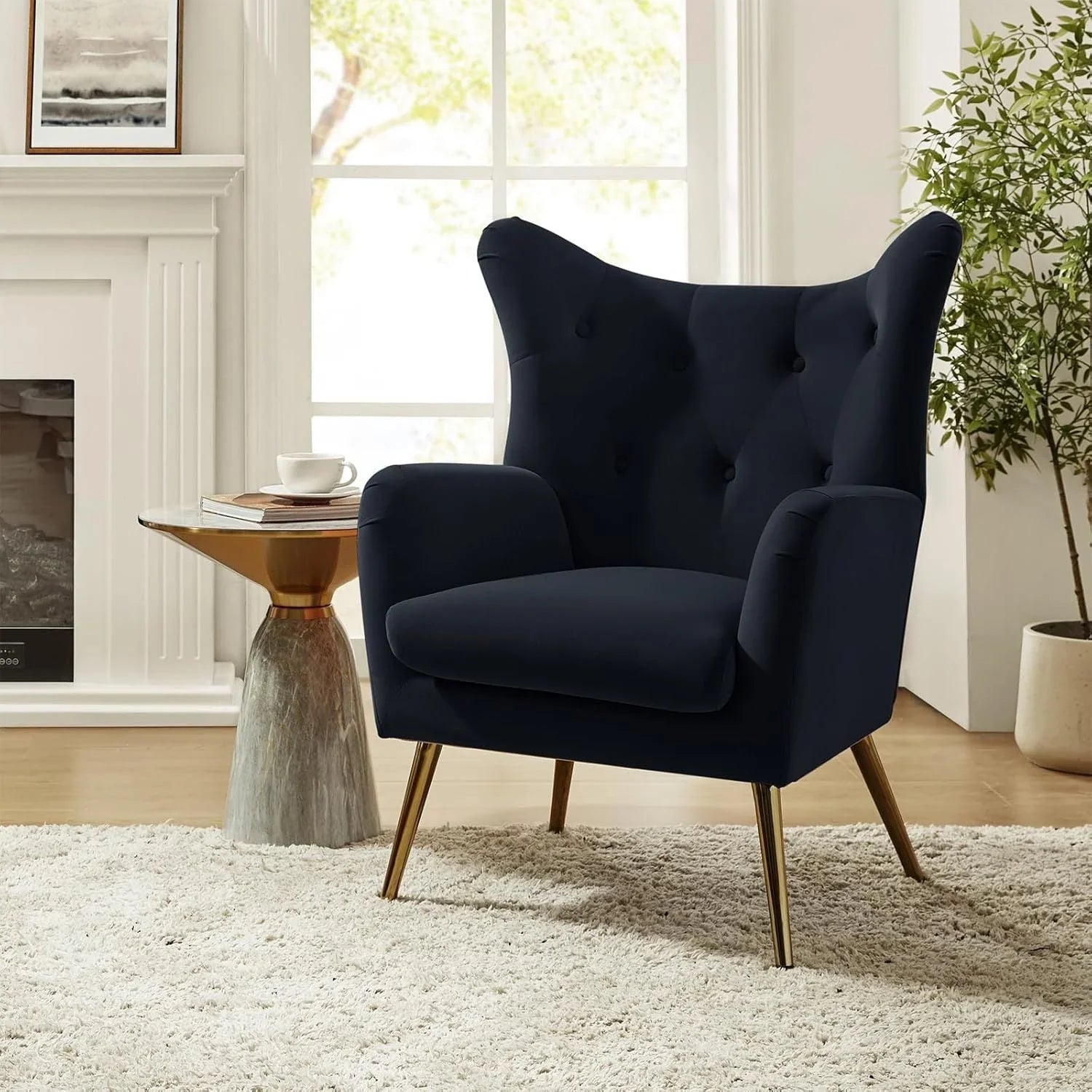 Navy blue velvet wingback arm chair with rolled arms - House of Avana