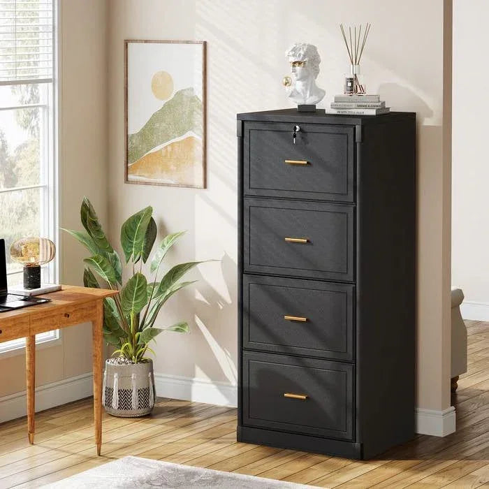 Vertical File Cabinet in Black Wood Finish with 4 Lockable Storage Drawers