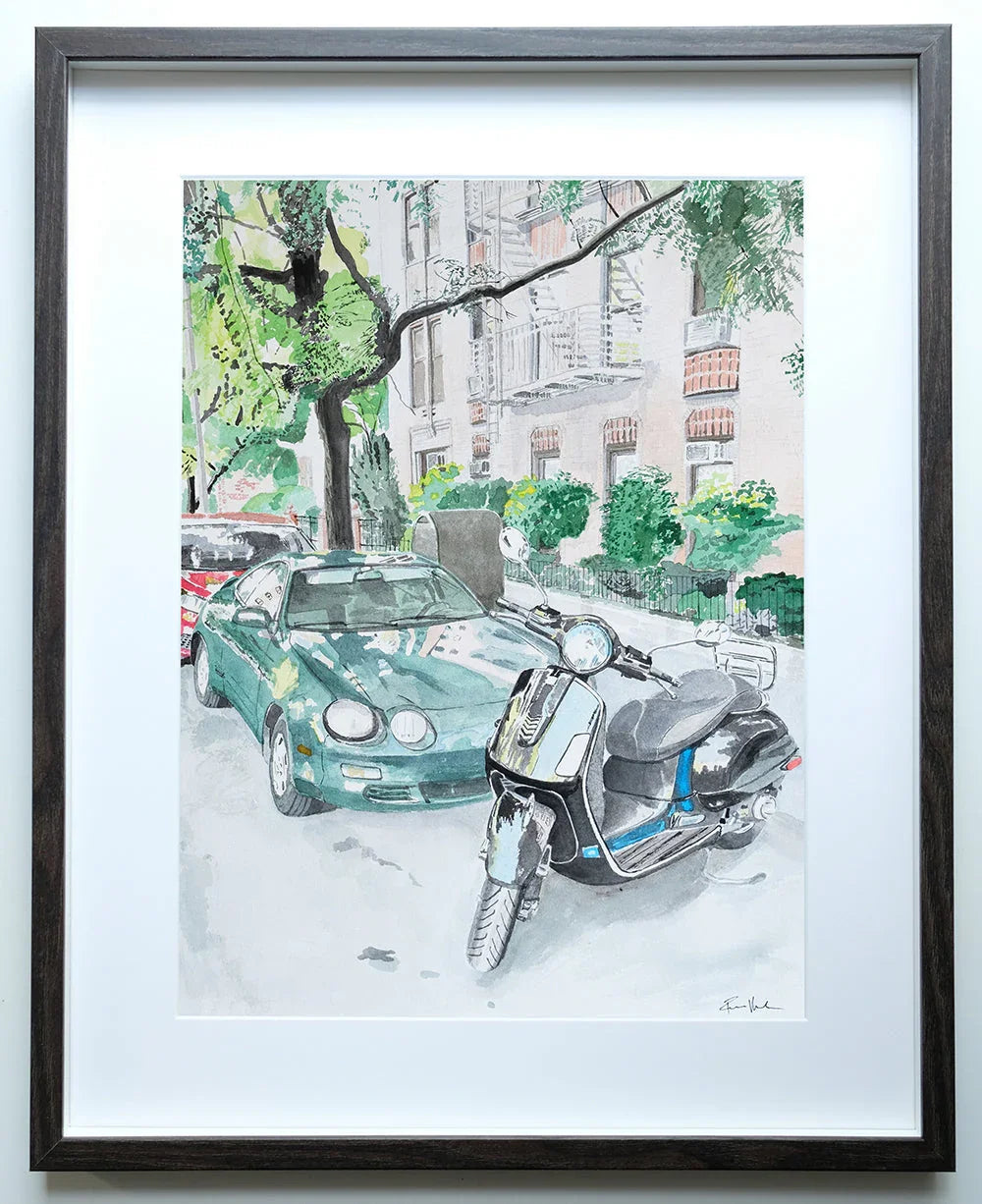 Vespa Scooter and Toyota Celica, Classic Car, Street Scene, Print, back view - House Of Avana
