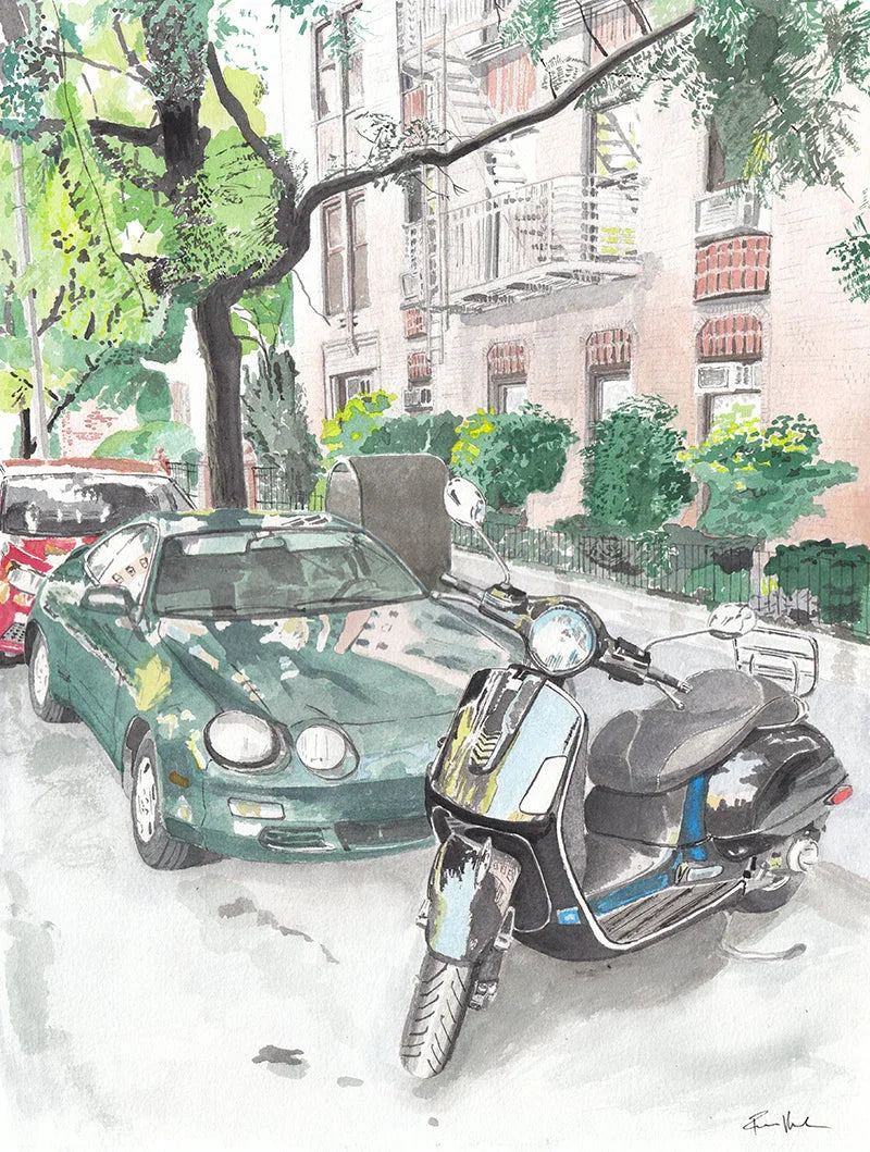 Vespa Scooter and Toyota Celica, Classic Car, Street Scene, Print, front view - House Of Avana