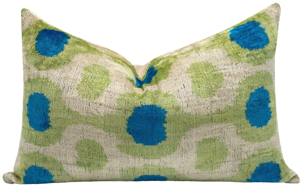Vibrant 16x24 Handmade Ikat Silk Velvet Pillow with Premium Down Feather Insert by Canvello – Lively Green and Blue Hues Canvello