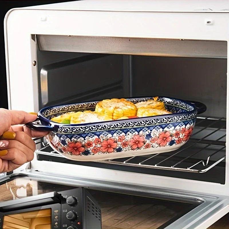 Vibrant Floral Embossed 1pc Polish Ceramic Baking Dish - 9"x5.3" Rectangular Plate with Dual Handles for Lasagna, Salads & Cheese Bakes - Durable Hand-Painted Design for Home Cooking House Of Avana [[SKU:HOA-TWR-011]]