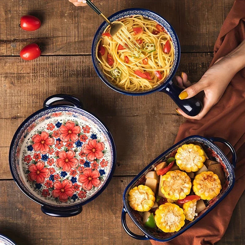 Vibrant Floral Embossed 1pc Polish Ceramic Baking Dish - 9"x5.3" Rectangular Plate with Dual Handles for Lasagna, Salads & Cheese Bakes - Durable Hand-Painted Design for Home Cooking House Of Avana [[SKU:HOA-TWR-011]]