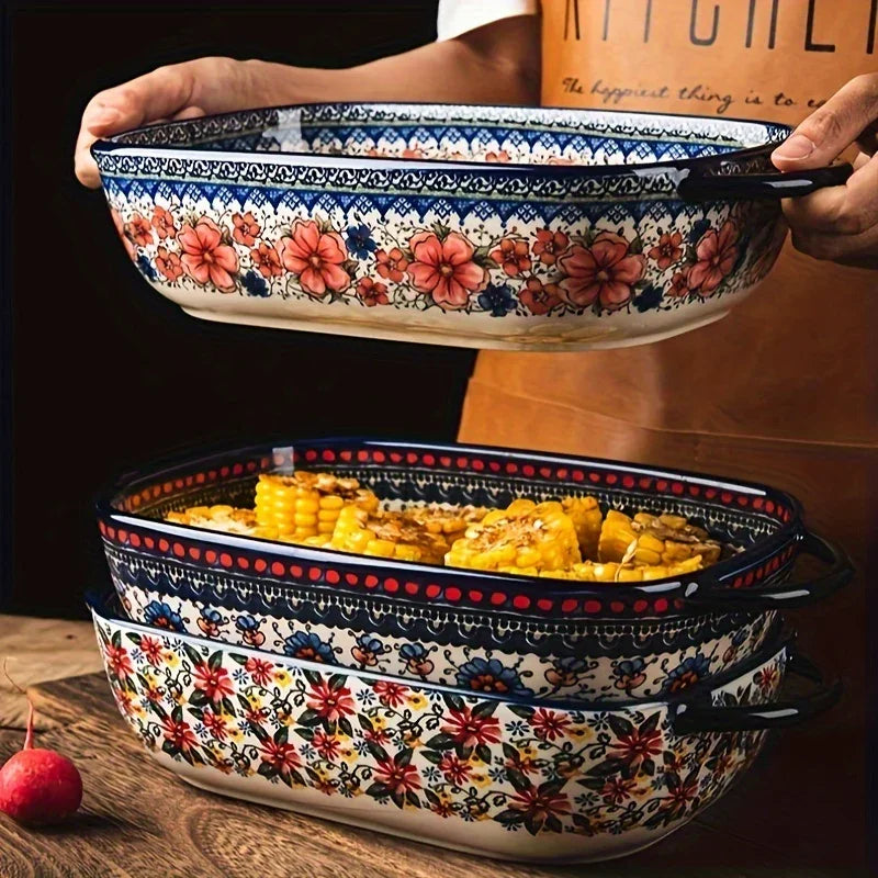 Vibrant Floral Embossed 1pc Polish Ceramic Baking Dish - 9"x5.3" Rectangular Plate with Dual Handles for Lasagna, Salads & Cheese Bakes - Durable Hand-Painted Design for Home Cooking House Of Avana [[SKU:HOA-TWR-011]]