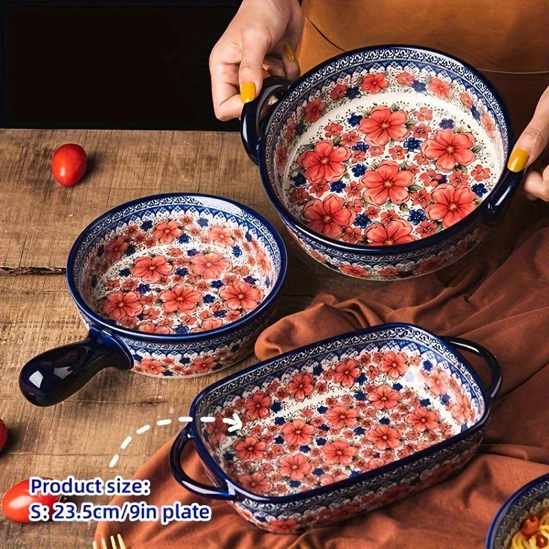 Vibrant Floral Embossed 1pc Polish Ceramic Baking Dish - 9"x5.3" Rectangular Plate with Dual Handles for Lasagna, Salads & Cheese Bakes - Durable Hand-Painted Design for Home Cooking House Of Avana [[SKU:HOA-TWR-011]]