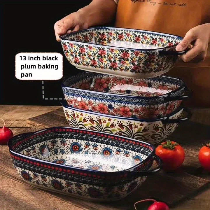 Vibrant Floral Embossed 1pc Polish Ceramic Baking Dish - 9"x5.3" Rectangular Plate with Dual Handles for Lasagna, Salads & Cheese Bakes - Durable Hand-Painted Design for Home Cooking House Of Avana [[SKU:HOA-TWR-011]]