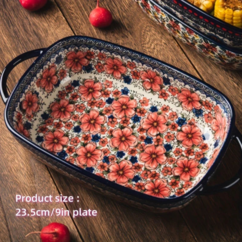 Vibrant Floral Embossed 1pc Polish Ceramic Baking Dish - 9"x5.3" Rectangular Plate with Dual Handles for Lasagna, Salads & Cheese Bakes - Durable Hand-Painted Design for Home Cooking House Of Avana [[SKU:HOA-TWR-011]]