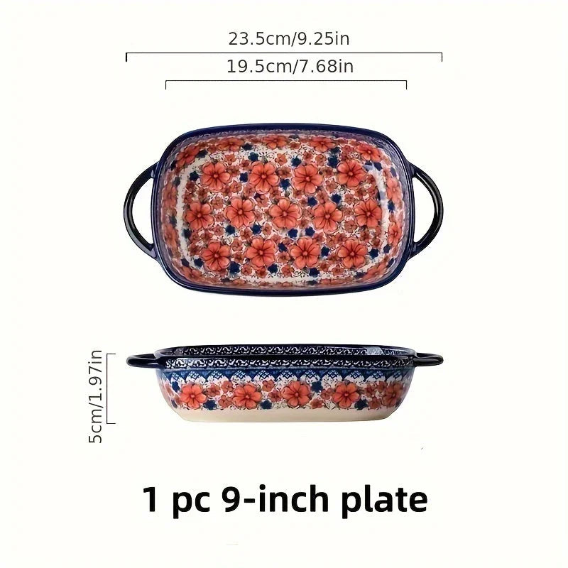 Vibrant Floral Embossed 1pc Polish Ceramic Baking Dish - 9"x5.3" Rectangular Plate with Dual Handles for Lasagna, Salads & Cheese Bakes - Durable Hand-Painted Design for Home Cooking House Of Avana [[SKU:HOA-TWR-011]]