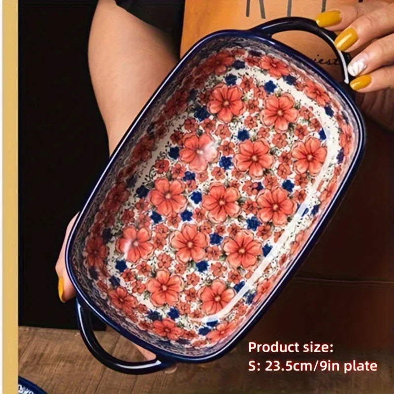 Vibrant Floral Embossed 1pc Polish Ceramic Baking Dish - 9"x5.3" Rectangular Plate with Dual Handles for Lasagna, Salads & Cheese Bakes - Durable Hand-Painted Design for Home Cooking House Of Avana [[SKU:HOA-TWR-011]]