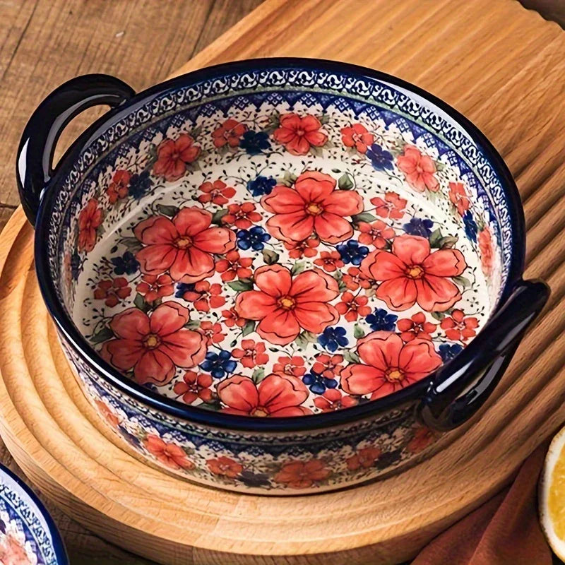 Vibrant Floral Embossed 1pc Polish Ceramic Baking Dish - 9"x5.3" Rectangular Plate with Dual Handles for Lasagna, Salads & Cheese Bakes - Durable Hand-Painted Design for Home Cooking House Of Avana [[SKU:HOA-TWR-011]]