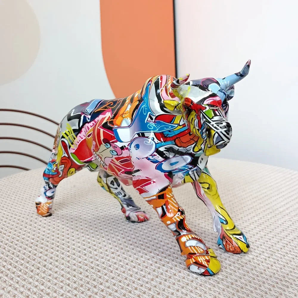 Vilead Graffiti Charging Bull Statue Resin Anime Pop Art Modern Design Painting Sculpture Home Room Decoration Figurine Mosaic - House Of Avana