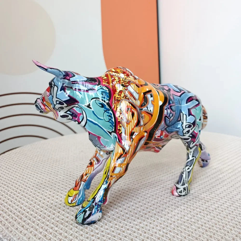 Vilead Graffiti Charging Bull Statue Resin Anime Pop Art Modern Design Painting Sculpture Home Room Decoration Figurine Mosaic - House Of Avana