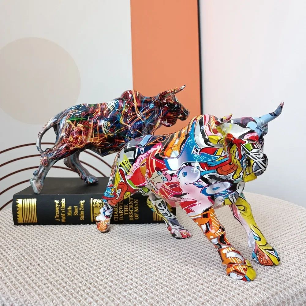 Vilead Graffiti Charging Bull Statue Resin Anime Pop Art Modern Design Painting Sculpture Home Room Decoration Figurine Mosaic - House Of Avana
