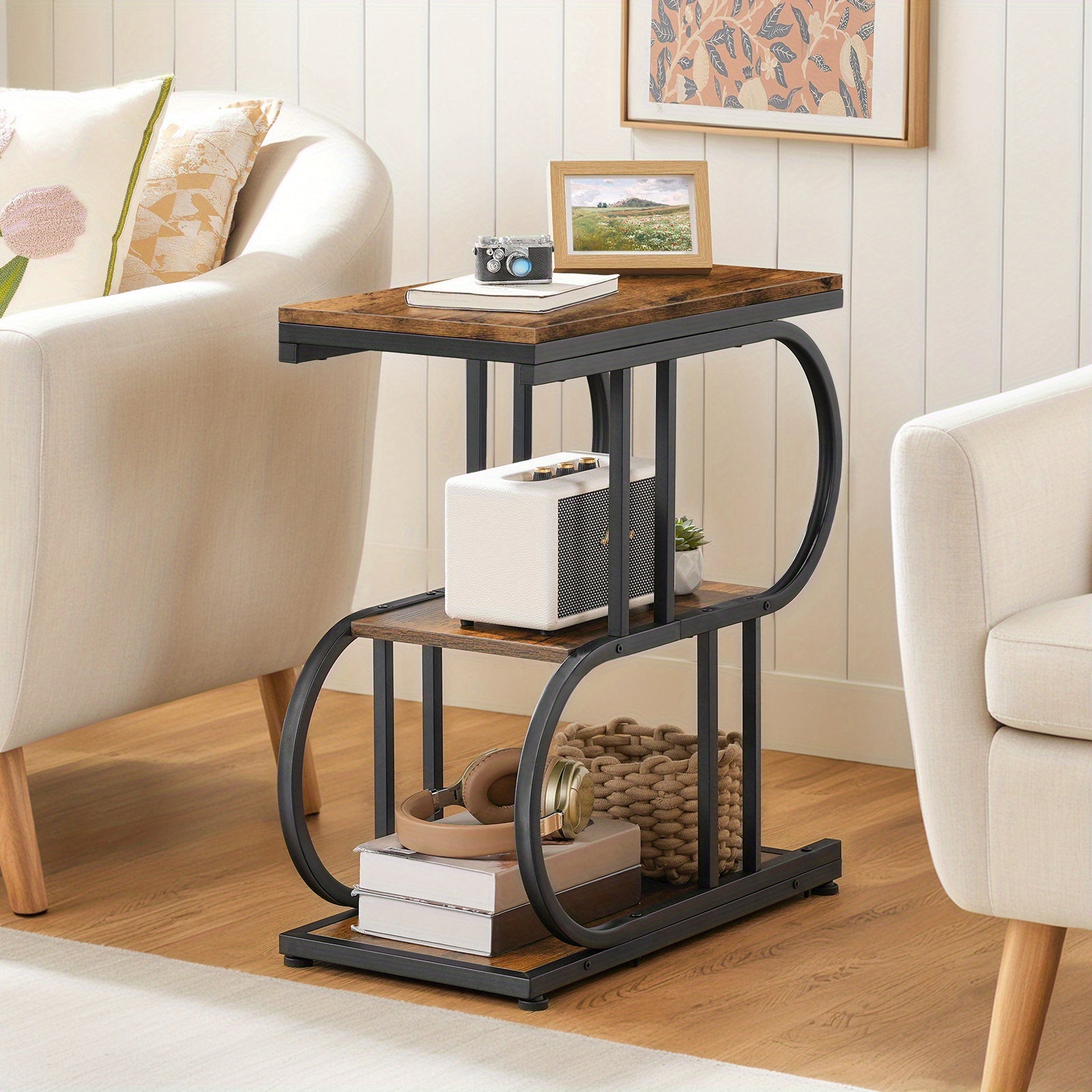 Vintage 3-Tier S-Shape Side Table - Rustic Brown Metal Frame with Engineered Wood Top, Compact 27" Height, 3, 2 Cu Ft Storage, Easy Assembly for Bedroom, Living Room, Small Spaces, Bedroom Nightstand, Decorative Storage, Stur House Of Avana