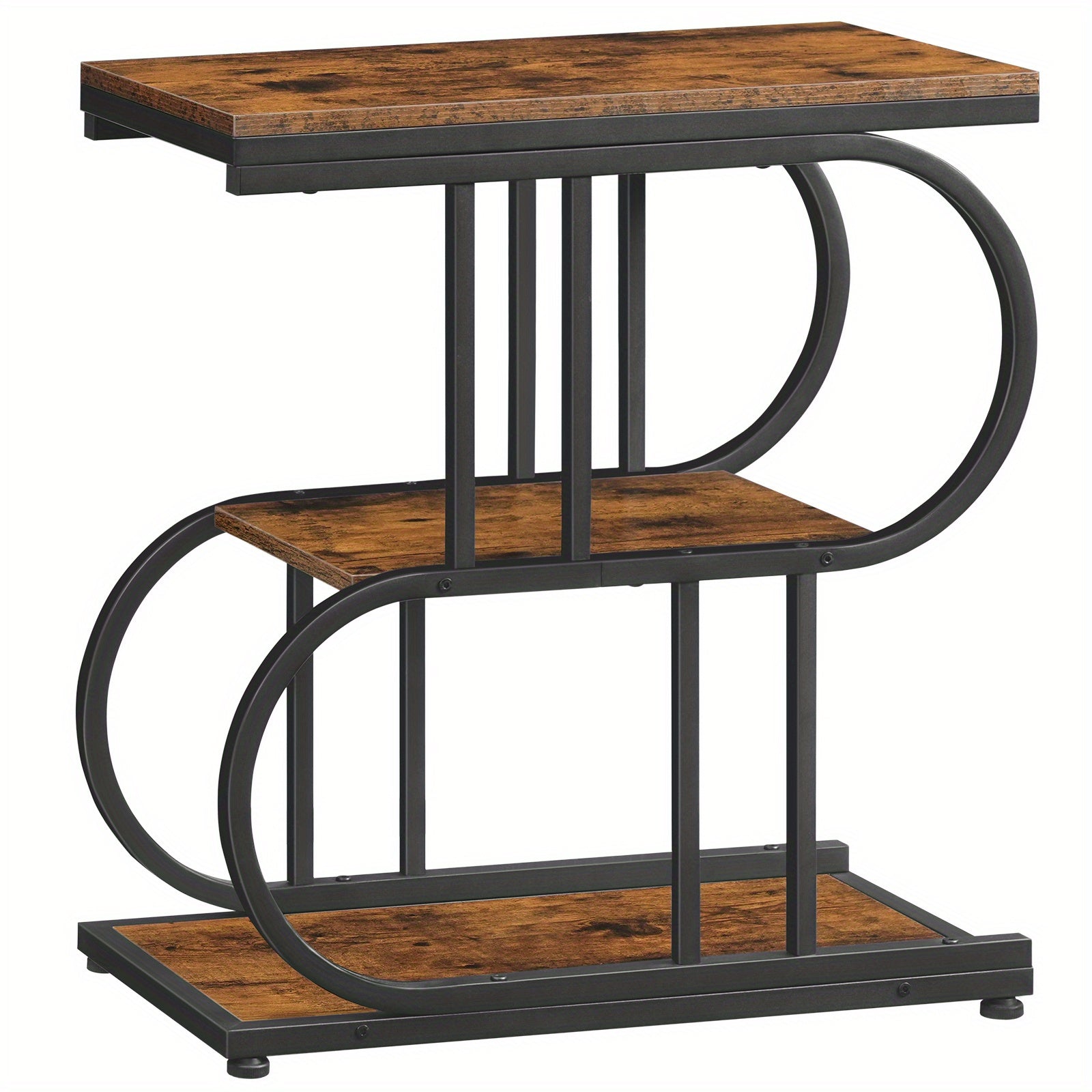 Vintage 3-Tier S-Shape Side Table - Rustic Brown Metal Frame with Engineered Wood Top, Compact 27" Height, 3, 2 Cu Ft Storage, Easy Assembly for Bedroom, Living Room, Small Spaces, Bedroom Nightstand, Decorative Storage, Stur House Of Avana