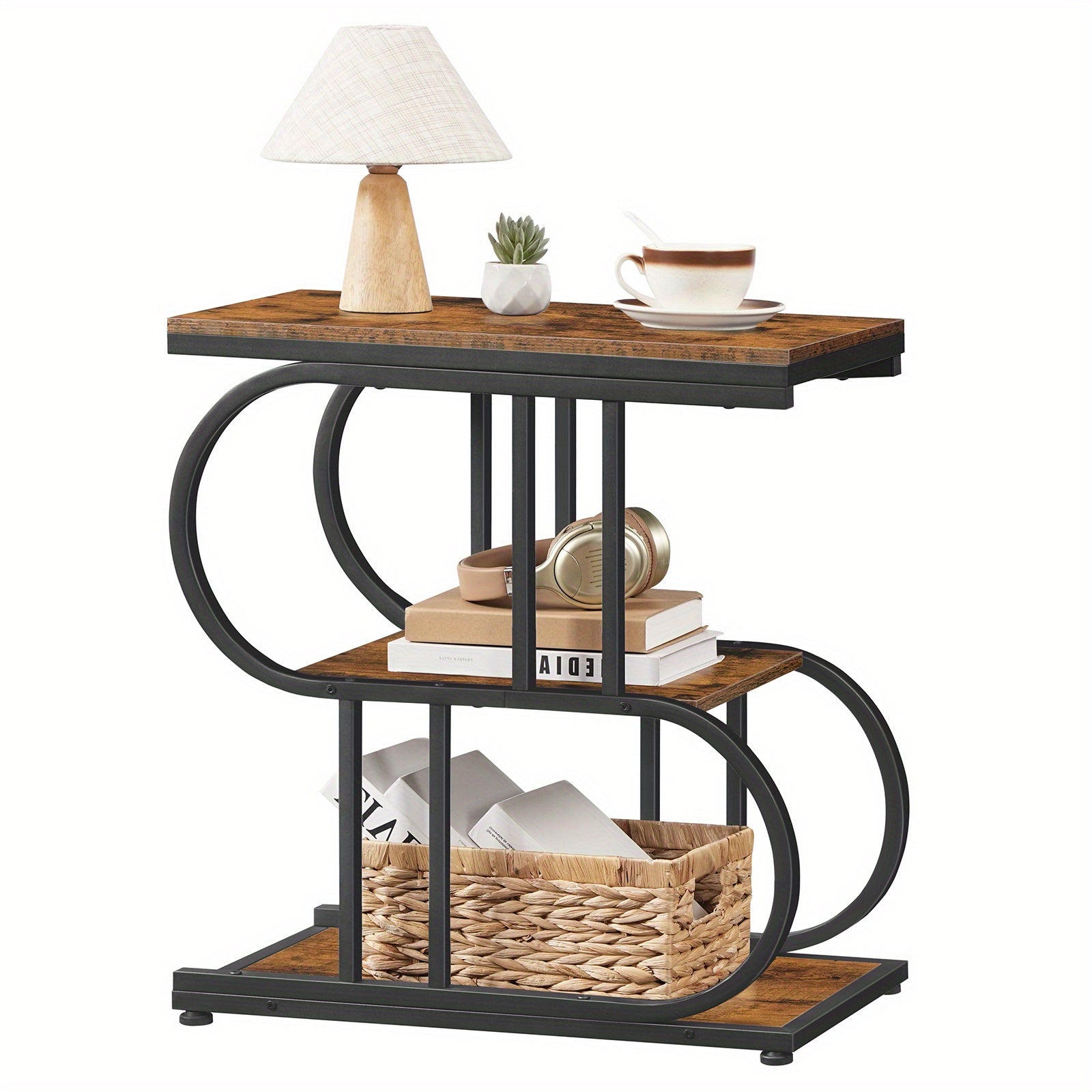 Vintage 3-Tier S-Shape Side Table - Rustic Brown Metal Frame with Engineered Wood Top, Compact 27" Height, 3, 2 Cu Ft Storage, Easy Assembly for Bedroom, Living Room, Small Spaces, Bedroom Nightstand, Decorative Storage, Stur House Of Avana